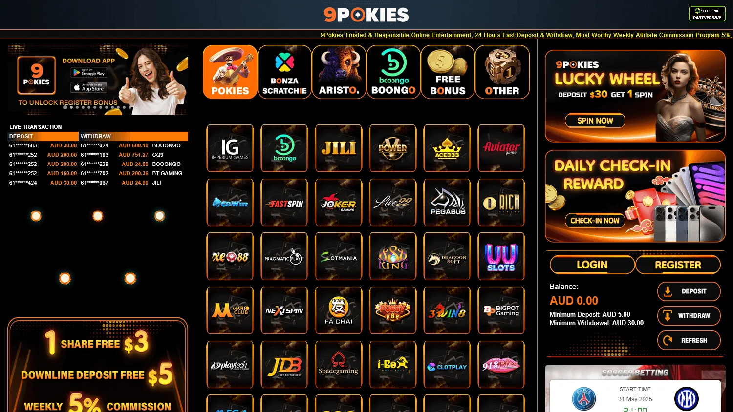 9pokies Casino game selection on desktop