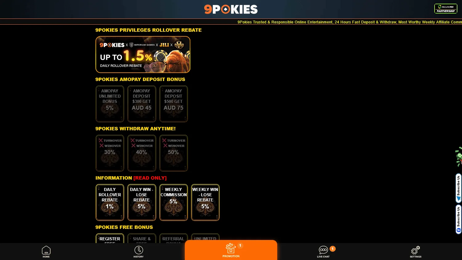 9pokies Casino promotions on desktop