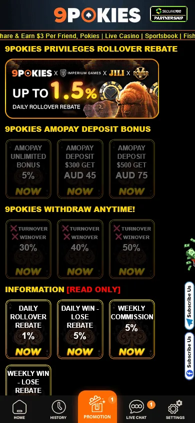 9pokies Casino promotions on mobile browser